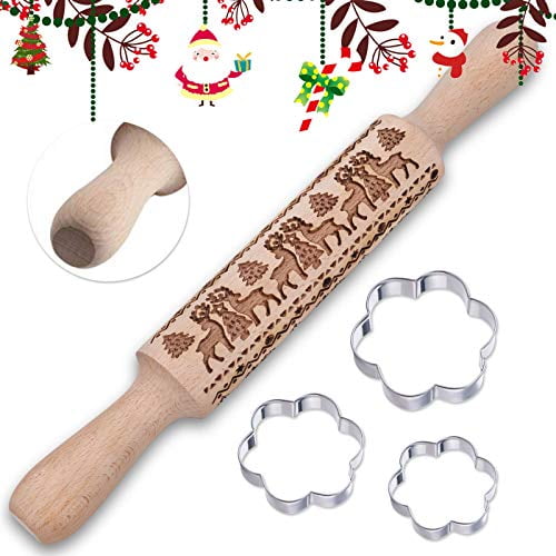 Christmas Wooden Rolling Pins Engraved Embossing Rolling Pin with Christmas Themed Symbols for Baking